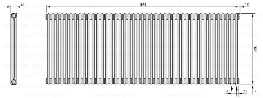 Схема (чертеж) Радиатор Zehnder Charleston 2250/43 №5510 Белый глянцевый RAL 9016